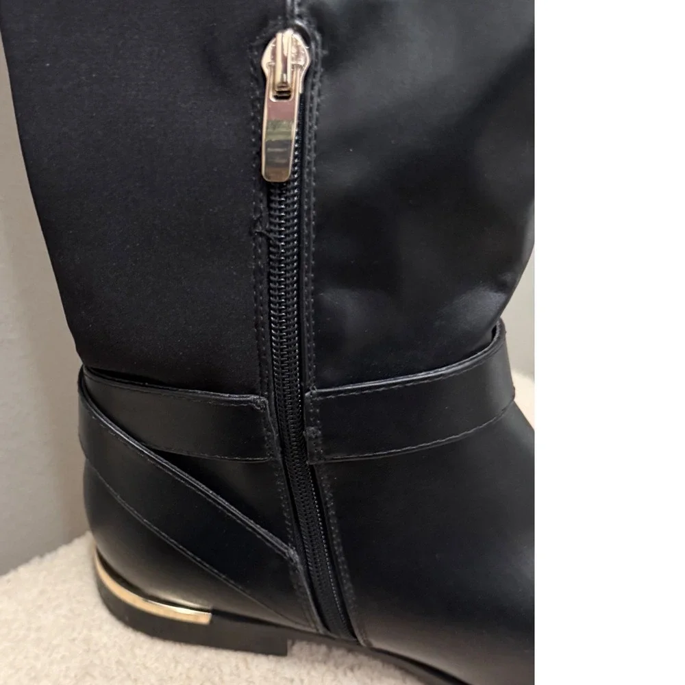 Nine Andone West Black Over The Knee Boots Gold Buckle Stretch Minimalist 9.5